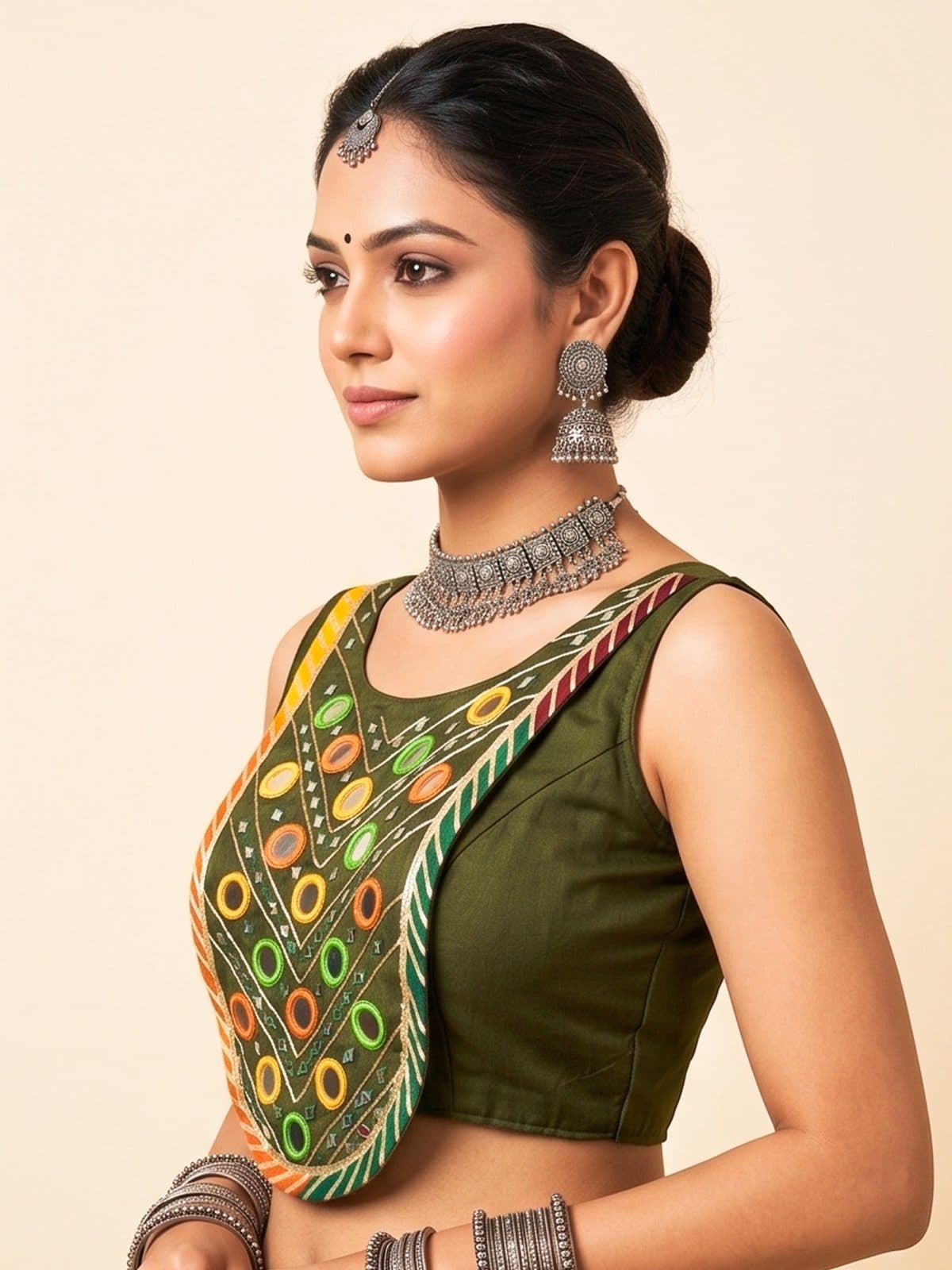 Traditional Olive Green Mirror Work Navratri Blouse