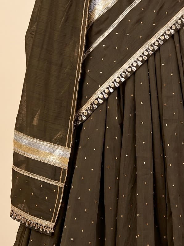 Olive Green Foil Print Festive Lehenga Choli with Metallic Borders