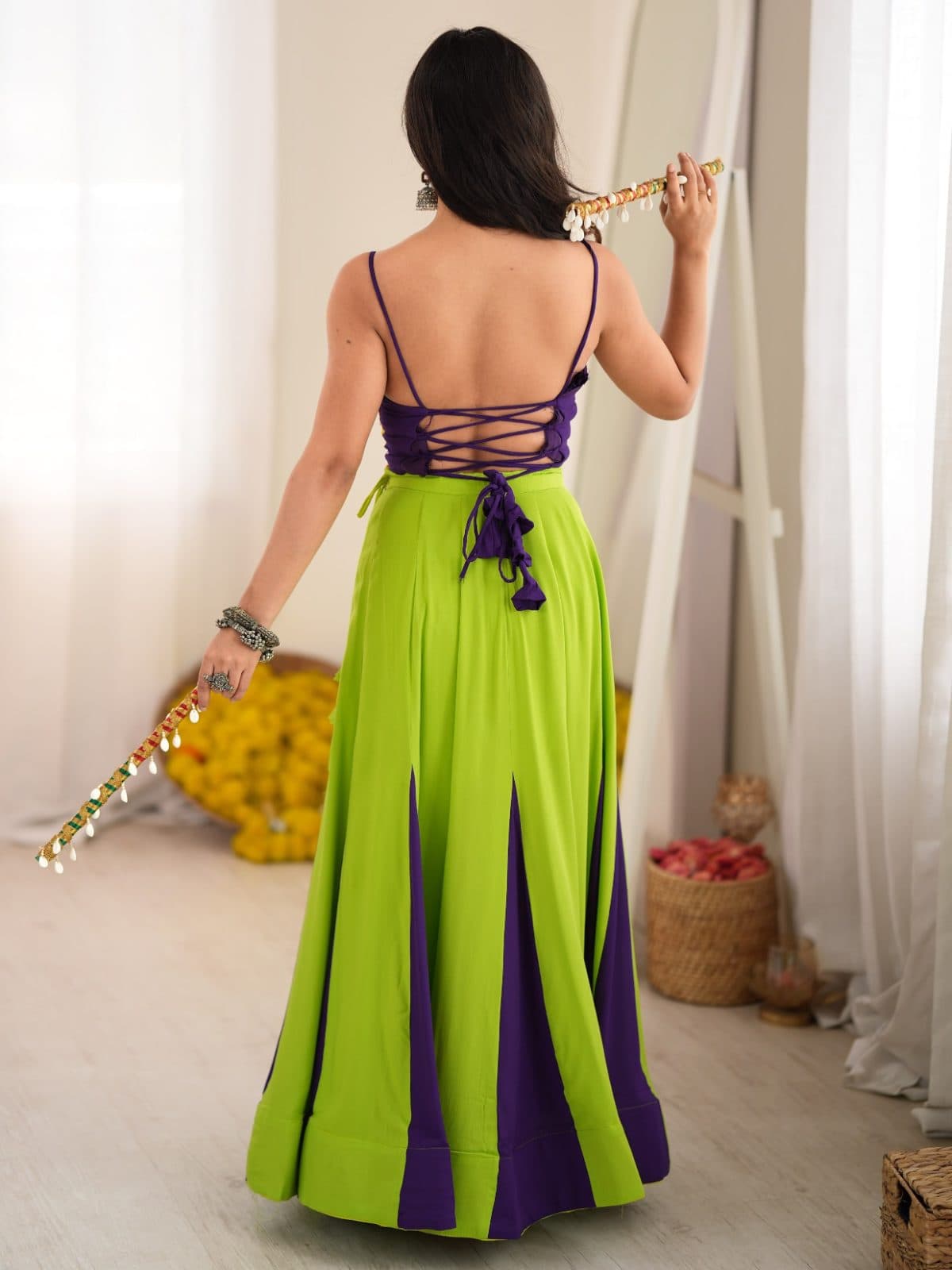 Embroidered Mirror-Work Blouse with Green & Purple Flared Lehenga