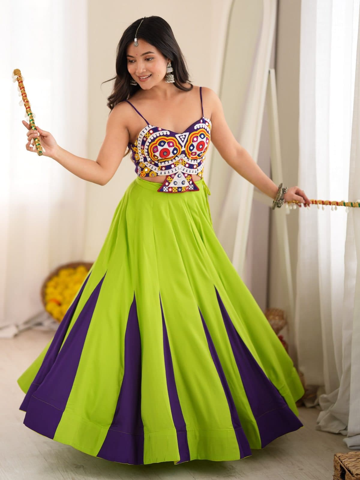 Embroidered Mirror-Work Blouse with Green & Purple Flared Lehenga