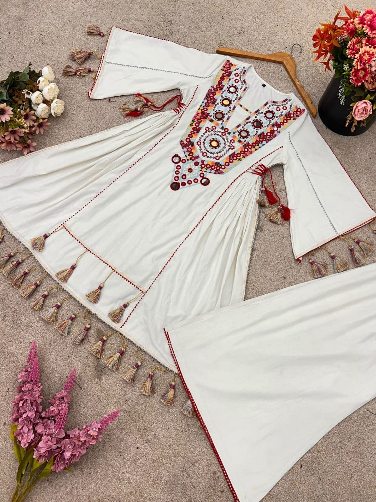Ethnic Motifs Embroidered Cotton A-Line Kurta with Palazzos