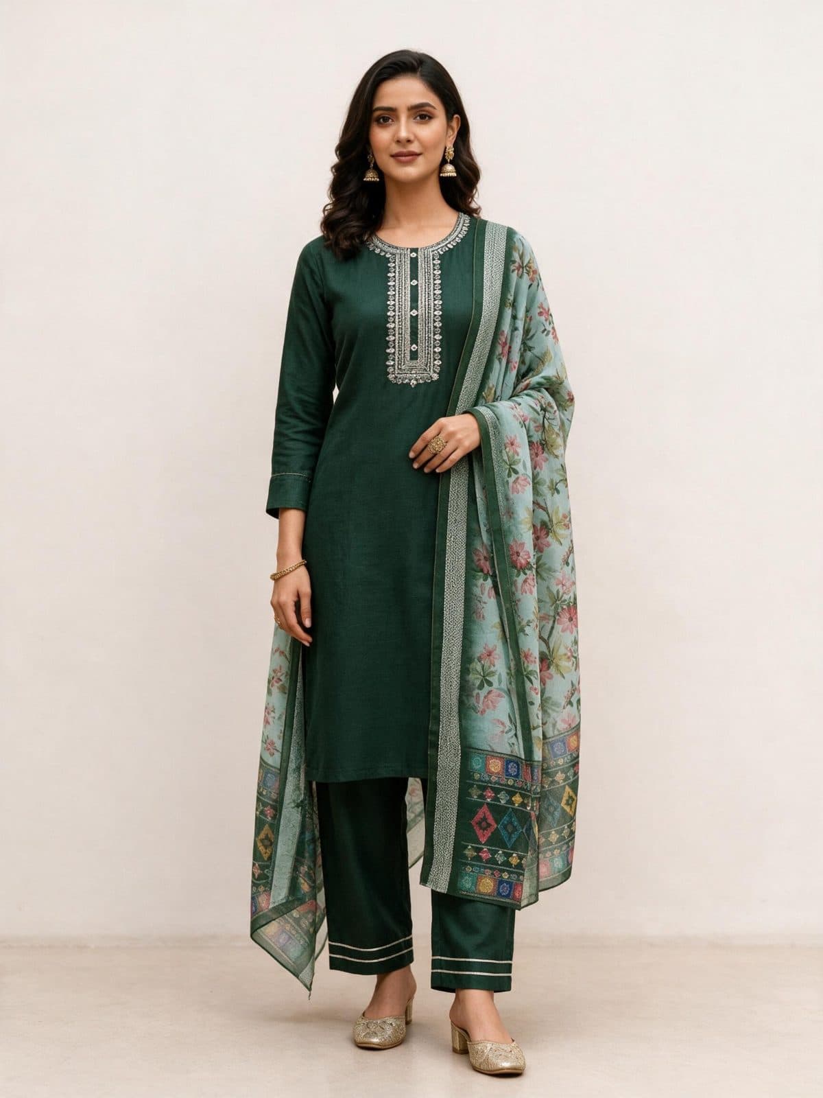 Embroidered Kurta Set with Multi-Color Border Floral Dupatta