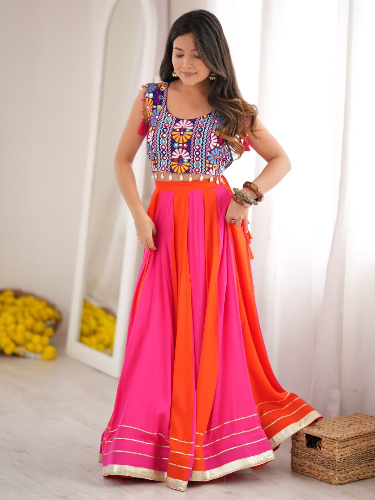 Embroidered Mirror-Work Blouse with Pink & Orange Flared Lehenga