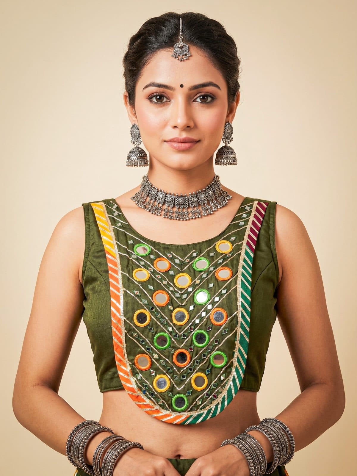 Traditional Olive Green Mirror Work Navratri Blouse
