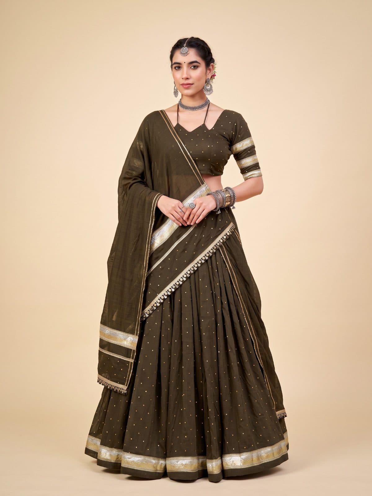Olive Green Foil Print Festive Lehenga Choli with Metallic Borders