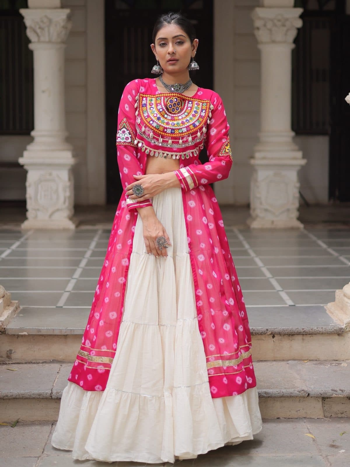 Bandhani Print Cape Set with Off-White Tiered Lehenga