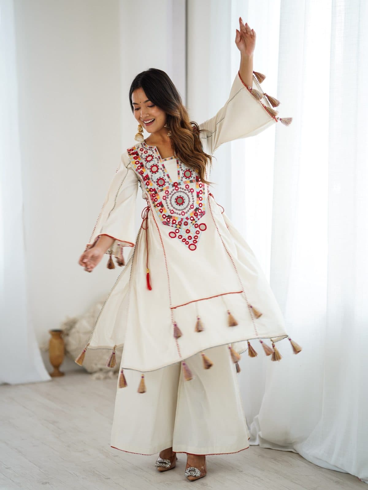 Ethnic Motifs Embroidered Cotton A-Line Kurta with Palazzos